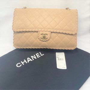 Chanel Large Tan Suede Calfskin Happy Stitch Flap Bag